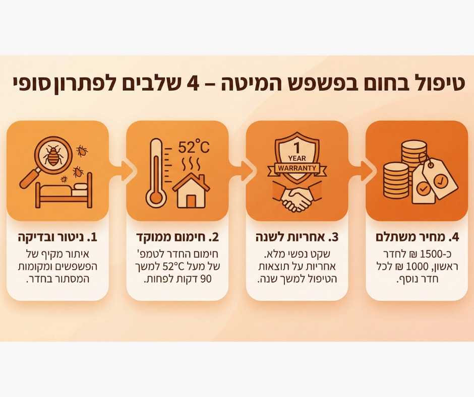 הסבר על כיצד מתבצעת הדברה לפשפש המיטה (פשפשים), ניטור, עבודה (חימום), ריסוס, אחריות לשנה ומחירון