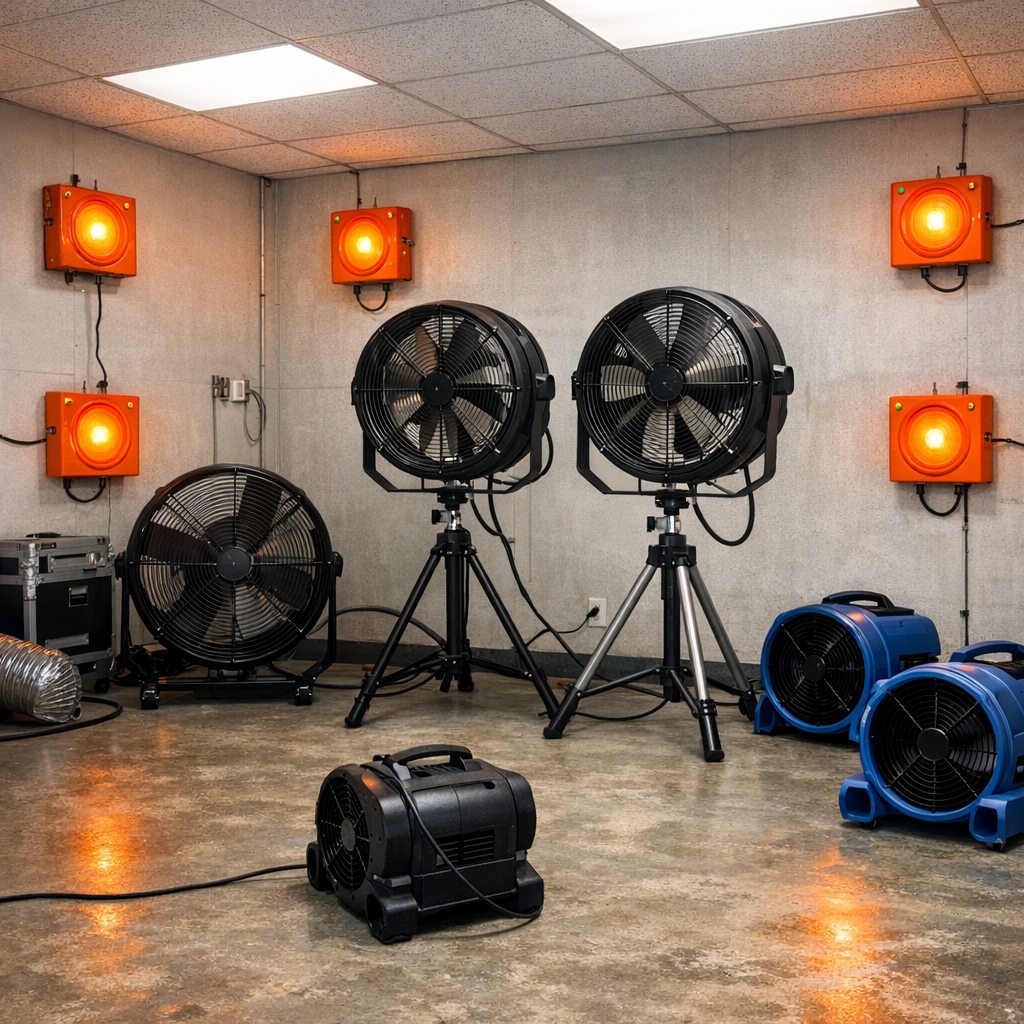 Interior of a room with orange heat sensors and professional fans.